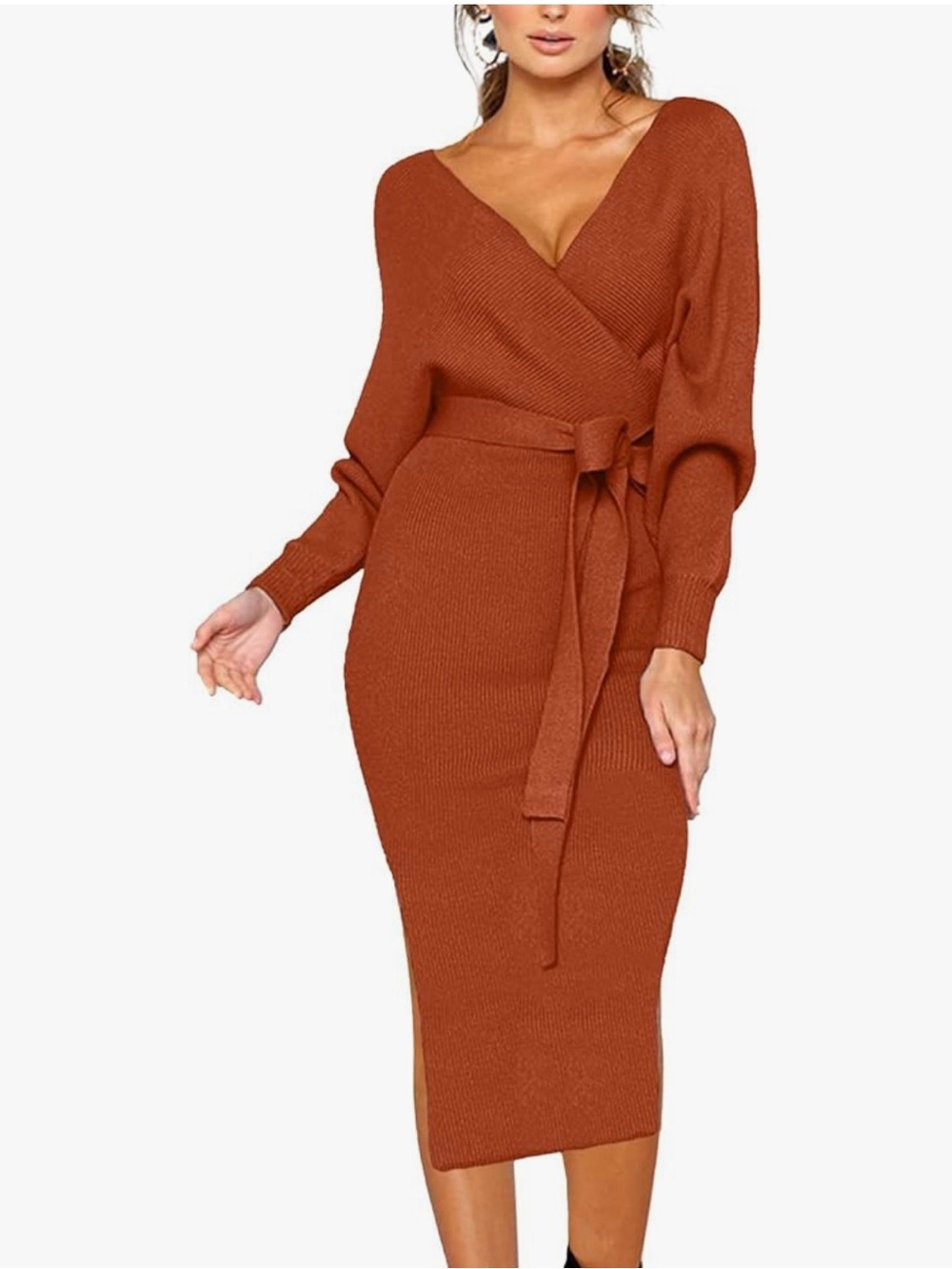 Belted V-Neck Knitted Sweater Wrap Midi Dress  in Rust